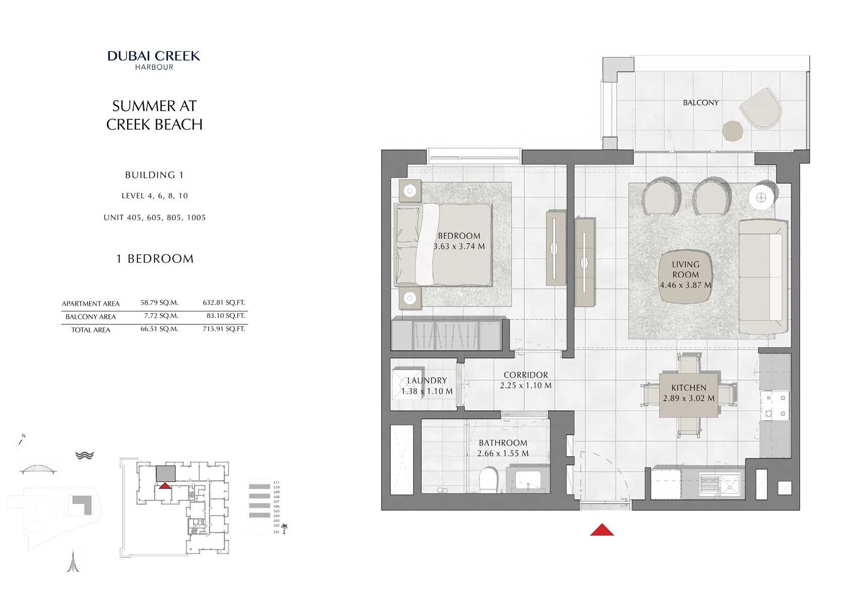 1 Br Building 1 Level-4-6-8-10 Unit 405-605-805-1005, Size 715 Sq Ft